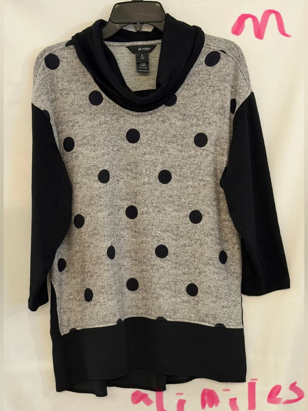 Ali Miles Gray and Black Polka Dot Cowl Neck Sweater